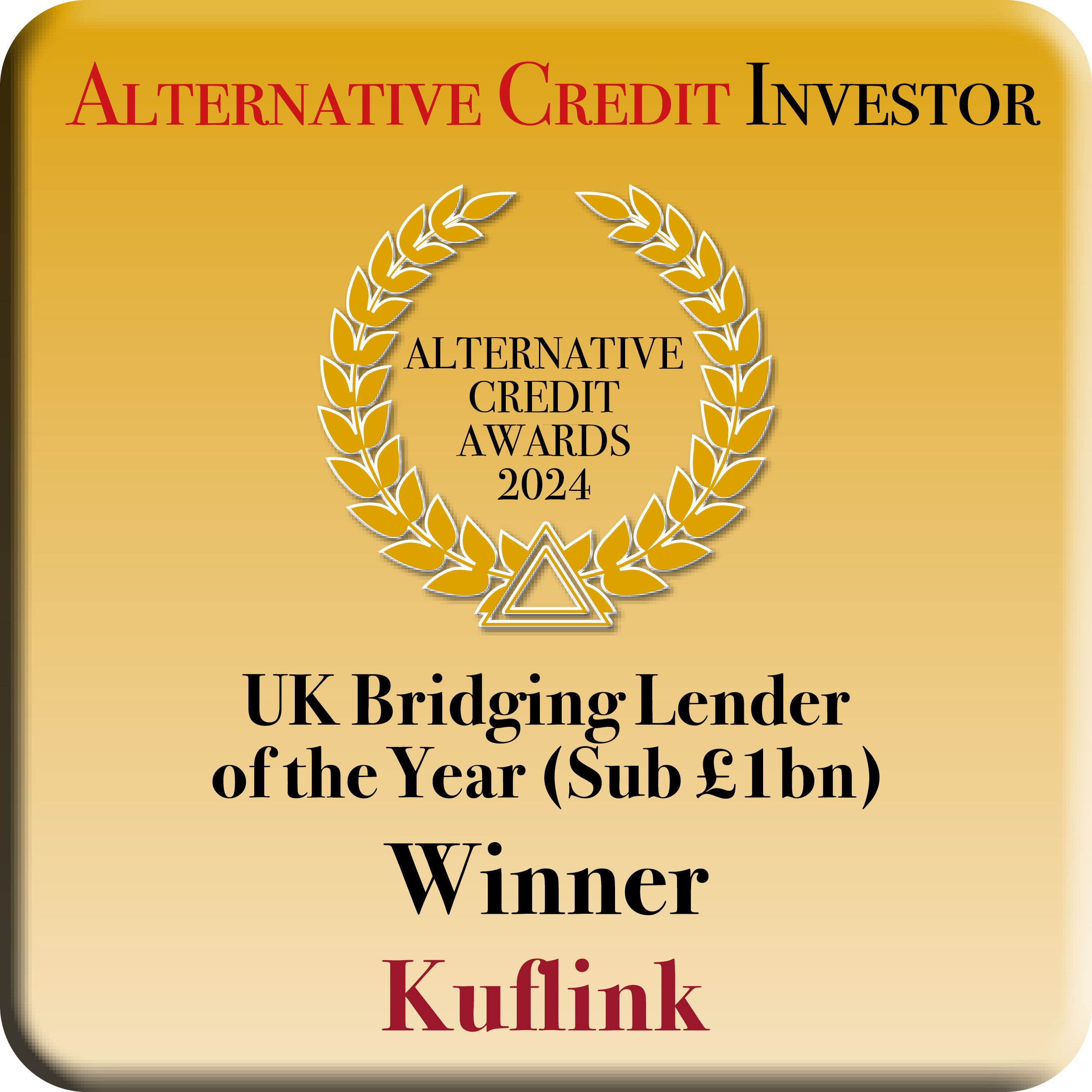 A high-resolution graphical representation of the UK Bridging Lender of the Year Award (sub £1bn) which was awarded by Alternative Credit Investor to Kuflink